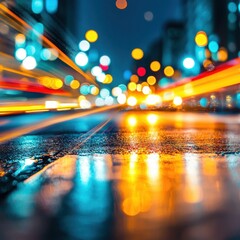 Poster - City Street at Night with Blurry Lights and Wet Pavement Low Angle Abstract Style Urban Landscape