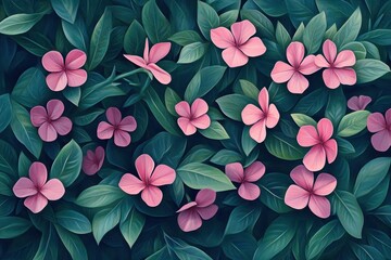 Poster - Pink Periwinkle Flowers in Lush Green Foliage Close Up Botanical Illustration Floral Pattern