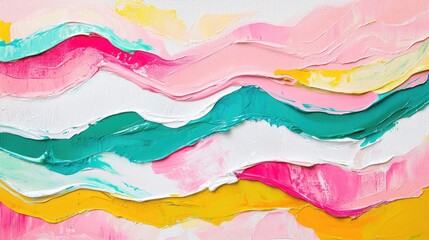Poster - Vivid oil paint texture forming wave-like ridges in bright tones of pink, yellow, teal, and white against a textured canvas background.