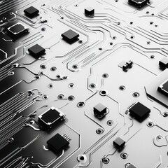 Poster - Close up of a circuit board with chips and traces in a modern style for technology and innovation concepts