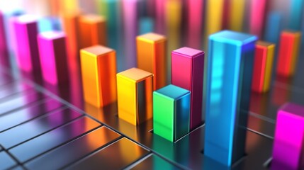 Fototapete - A D business bar graph with colorful bars and shadow effects, representing key performance indicators, displayed on a smooth gradient background for a modern touch.