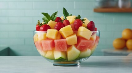 Poster - A beautifully arranged fruit salad featuring layers of juicy watermelon, cantaloupe, and strawberries, served in a clear bowl to highlight the fresh colors.