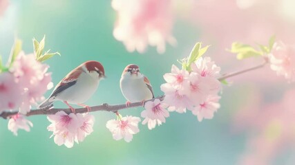 Poster - Two sparrows are perching on a cherry tree branch covered in beautiful pink blossoms, enjoying the warm spring sunshine and the vibrant colors of nature