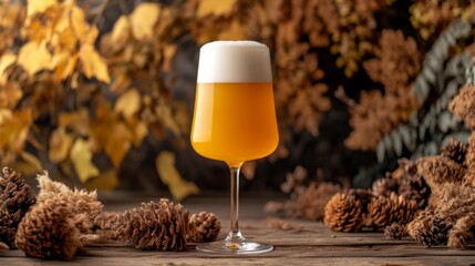 Poster - A beautifully crafted glass of wheat beer with a cloudy, golden appearance, served with a thick white head, resting on a rustic wooden table.