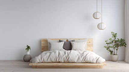 Leinwandbilder - Cozy bedroom with empty white wall for mockups, minimalist interior featuring a light wooden bed with soft pillows and a minimalist design