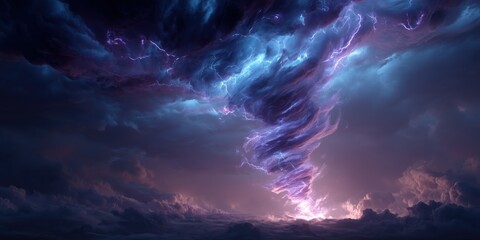 swirling cloud vortex lit by radiant purple and cyan bolts stretches from the sky to the ground