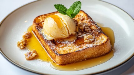Poster - A beautifully styled plate of honey toast topped with ice cream, fresh mint, and a drizzle of honey, arranged on a white background for a fresh and modern look.