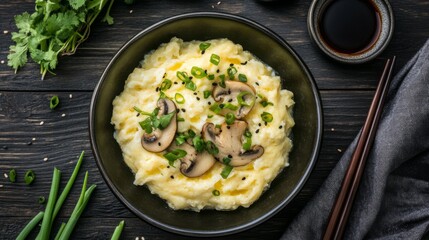 Poster - A bowl of soft steamed egg garnished with thin slices of mushrooms, spring onions, and cilantro, placed on a dark wooden table with a side dish of soy sauce.