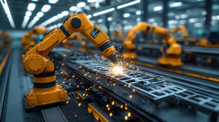 Fototapete - Robotic arms actively perform welding tasks on a conveyor system within a modern factory, enhancing production efficiency through automation. Sparks fly as the robots work diligently.