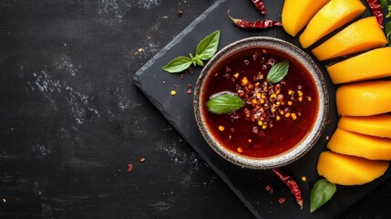 Poster - A bowl of sweet fish sauce placed in the middle of sliced mangoes on a black stone platter, with a sprinkle of red chili flakes and dried shrimp on top for garnish.
