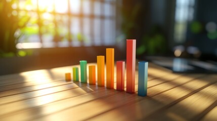 Fototapete - A clear and concise business bar graph showing comparative data between competitors, featuring vibrant colors and shadows, placed on a light wooden table for emphasis.