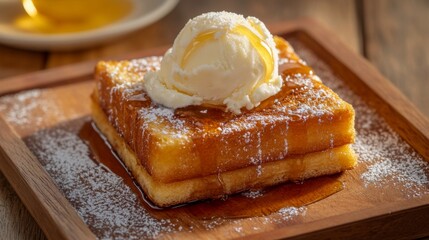 Poster - A close-up of a beautifully presented honey toast topped with a scoop of vanilla ice cream, drizzled with honey, and sprinkled with powdered sugar on a rustic wooden table.
