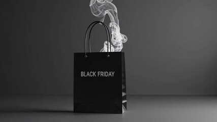 Poster - Mysterious white smoke emerging from branded black friday shopping bag, hinting at enticing retail promotions against minimalist gray backdrop