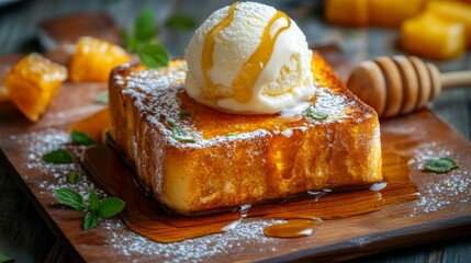 Poster - A close-up of a beautifully presented honey toast topped with a scoop of vanilla ice cream, drizzled with honey, and sprinkled with powdered sugar on a rustic wooden table.