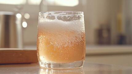 Aufkleber - A close-up of a chilled glass of pale ale with bubbles rising to the surface, the glass slightly fogged with condensation, sitting on a bar counter.