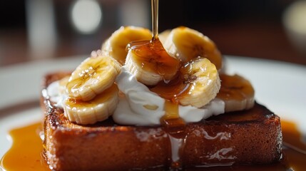Poster - A close-up of a decadent honey toast dish topped with caramelized bananas, whipped cream, and a generous drizzle of honey, with soft natural lighting highlighting the textures.