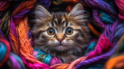 Poster - A close-up of a round-faced cat with big, expressive eyes, nestled in a pile of colorful yarn, creating a delightful and charming composition.