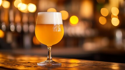Poster - A close-up of a tall glass of golden beer with a frothy head, condensation on the glass, set on a wooden bar with a warm bokeh light in the background.
