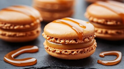 Poster - A close-up of caramel-flavored macarons with a glossy caramel drizzle on top, arranged neatly on a dark stone surface with caramel sauce swirled around.