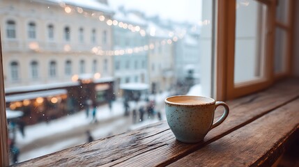 Aufkleber - Cup of coffee on wooden table near window in cozy cafe with view on snowy city street at winter day, beautiful place for breakfast in old town