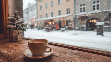 Poster - Cup of coffee on wooden table near window in cozy cafe with view on snowy city street at winter day, beautiful place for breakfast in old town
