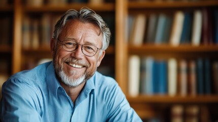 A distinguished older man with glasses, smiling warmly while seated in a cozy library filled with books, radiating wisdom and joy, perfect for representing knowledge and happiness.