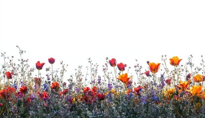 Poster - Vibrant Wildflower Meadow Featuring Red Yellow and Orange Blossoms in Natural Light Under Open Sky on White Background