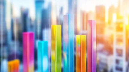 Poster - A dynamic business bar graph illustrating company growth, featuring vibrant bars with upward trends, set against a blurred cityscape background for a corporate vibe.