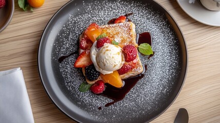 Poster - A flat lay of honey toast with a rich golden crust, topped with fresh fruits and ice cream, arranged beautifully on a light wooden table for an inviting dessert presentation.