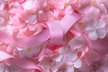 Poster - Close up of a pink ribbon intertwined with delicate pink and white flower petals creating a soft texture