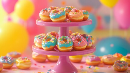 Poster - A playful shot of colorful mini donuts arranged on a tiered serving stand, with vibrant decorations and a bright backdrop for a fun dessert display.