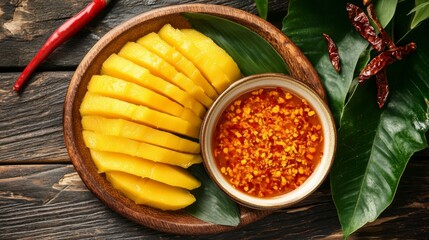 Poster - A rustic wooden table with a plate of sliced sour mangoes and a bowl of sweet fish sauce, garnished with chili flakes and dried shrimp, creating a vibrant presentation.