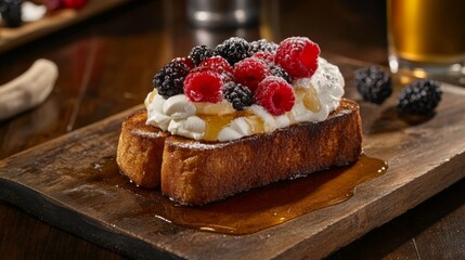 Poster - A rustic wooden table with a slice of toasted bread topped with fresh berries and whipped cream, drizzled with honey, creating a delicious and inviting dessert presentation.