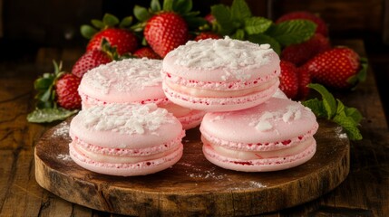 Poster - A stack of strawberry macarons with a soft pink hue, placed on a vintage wooden board, with fresh strawberries and mint leaves in the background.