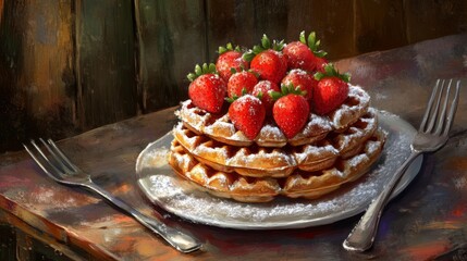 Aufkleber - A stack of waffles on a rustic wooden table, topped with fresh strawberries and powdered sugar. A fork and knife are neatly placed beside the plate.