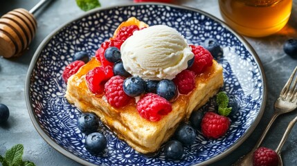 Poster - A top-down view of a decadent honey toast adorned with fresh fruit slices and a scoop of ice cream, served on a decorative plate with a honey jar in the background.