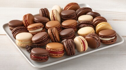 Poster - A top-down view of a variety of macarons stacked on a white ceramic plate, with flavors like chocolate, raspberry, and vanilla, set against a light wooden surface.