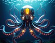 © thataroth - Robotic Octopus in the Depths: A futuristic robotic octopus gracefully navigates the depths, its intricate mechanical form glowing softly against the mysterious aquatic backdrop.