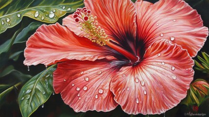 Poster - A vibrant close-up of a tropical flower with beads of water glistening on its petals, emphasizing its exotic beauty and the lush environment from which it grows.