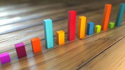 Fototapete - A visually engaging D bar graph featuring multicolored bars with shadow effects, displayed on a light wooden surface, highlighting the data in a stylish manner.