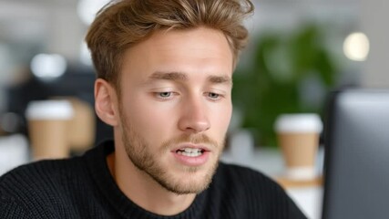 Aufkleber - Focused Determination: A young man gazes intently at a monitor, his focused gaze and slight lip movement suggesting deep concentration and engagement in the task at hand.