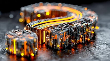 Poster - Futuristic digital question mark glowing in neon orange over a microchip circuit board background