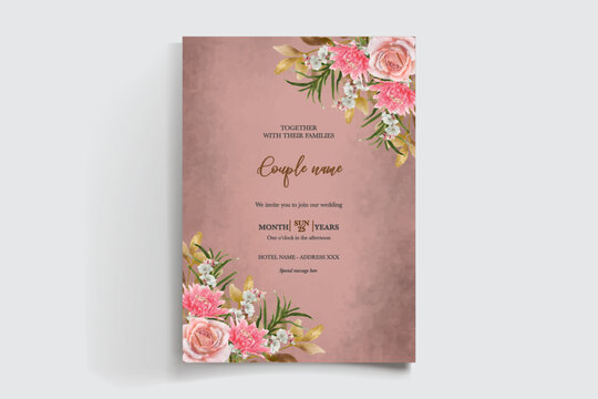 WEDDING INVITATION FRAME WITH FLOWER DECORATIONS AND FRESH LEAVES