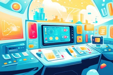 Poster - Futuristic spaceship control panel with vibrant displays showing data, graphs, and city view.