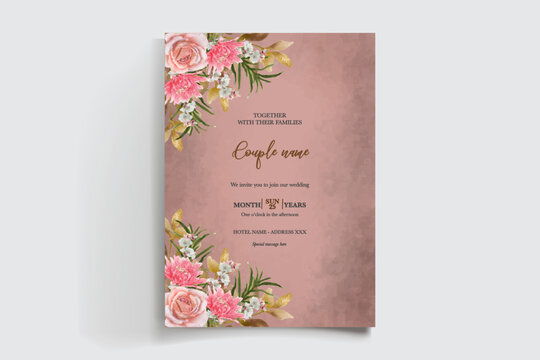 WEDDING INVITATION FRAME WITH FLOWER DECORATIONS AND FRESH LEAVES