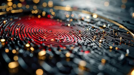 Poster - Futuristic digital fingerprint scanner glowing red, surrounded by cyber circuits and data elements representing security and identity access