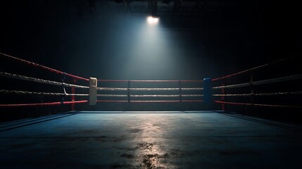 Fototapete - Empty professional boxing ring in the dark, illuminated spotlight, sport background