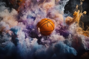 Poster - Basketball floating amidst swirling clouds of blue purple and gold ethereal smoke effect art