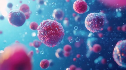 Poster - microscopic view of vibrant pink cells floating in a blue liquid, possibly representing a medical or