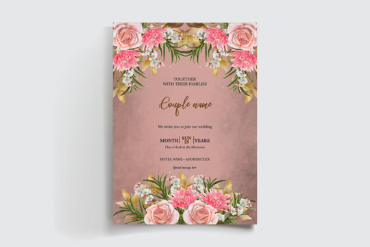 WEDDING INVITATION FRAME WITH FLOWER DECORATIONS AND FRESH LEAVES